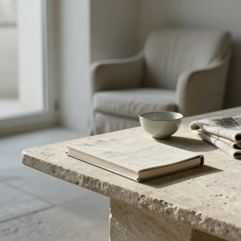 Serene coachingruimte met linnen stoel, stenen tafel, journal, theekom en plaid in blauwuur.