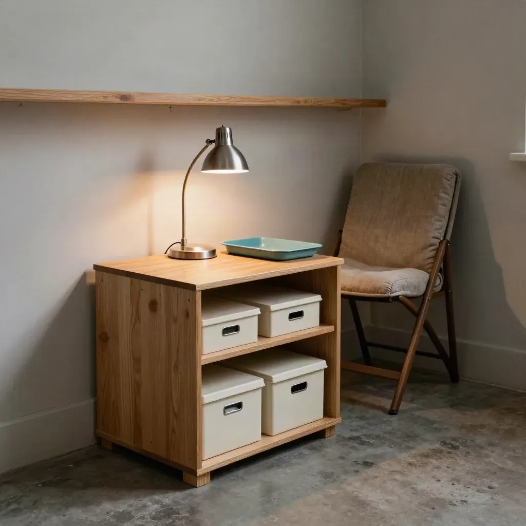 Rustige werkhoek met bakjes, lamp, stoel en dozen in warm avondlicht.