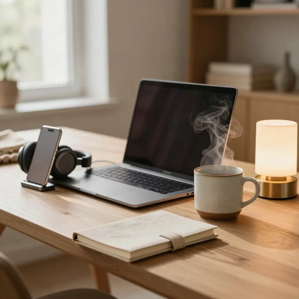 Thuiswerktafel met gesloten laptop, koptelefoon, telefoonstandaard, notitieboek en dampende mok.