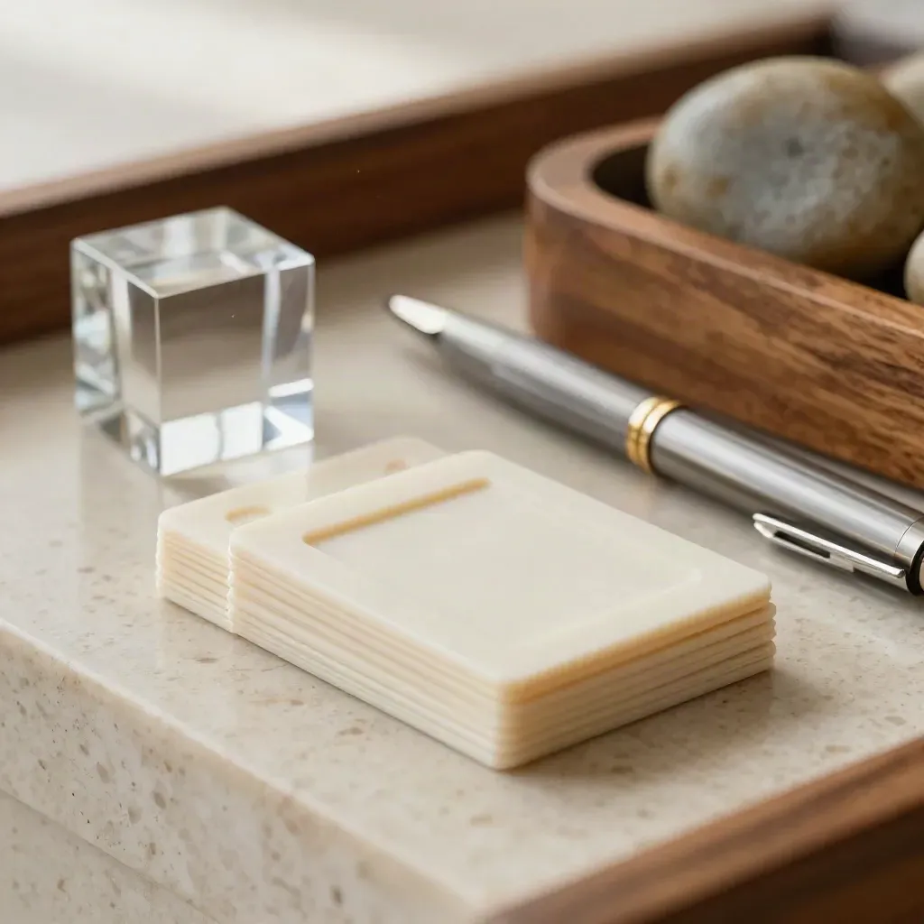 Macro van assessmenttegels, kristallen paperweight, metalen pen en steen in houten houder.