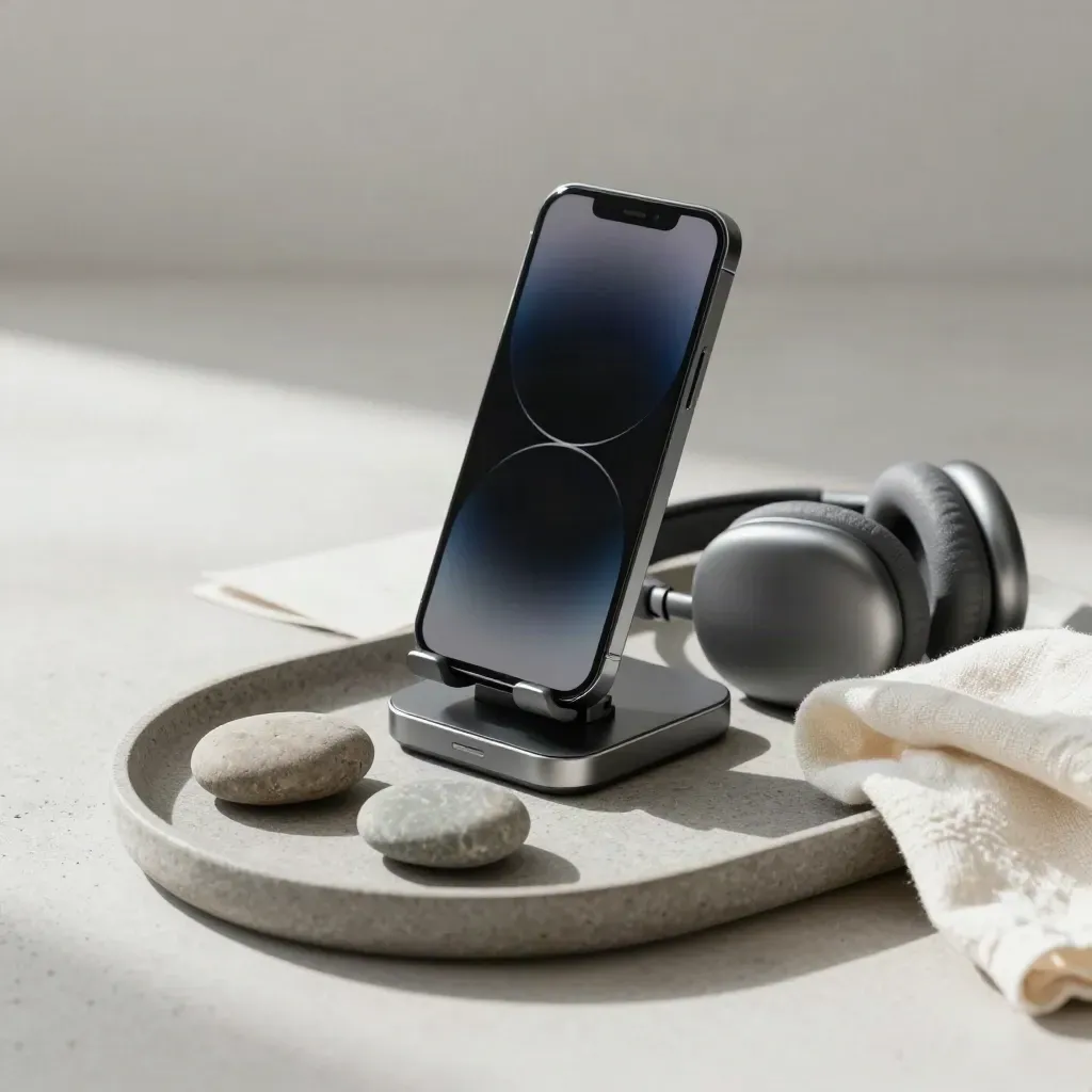 Steen tray met telefoonstandaard, headset, laaddock en verschoven stenen.