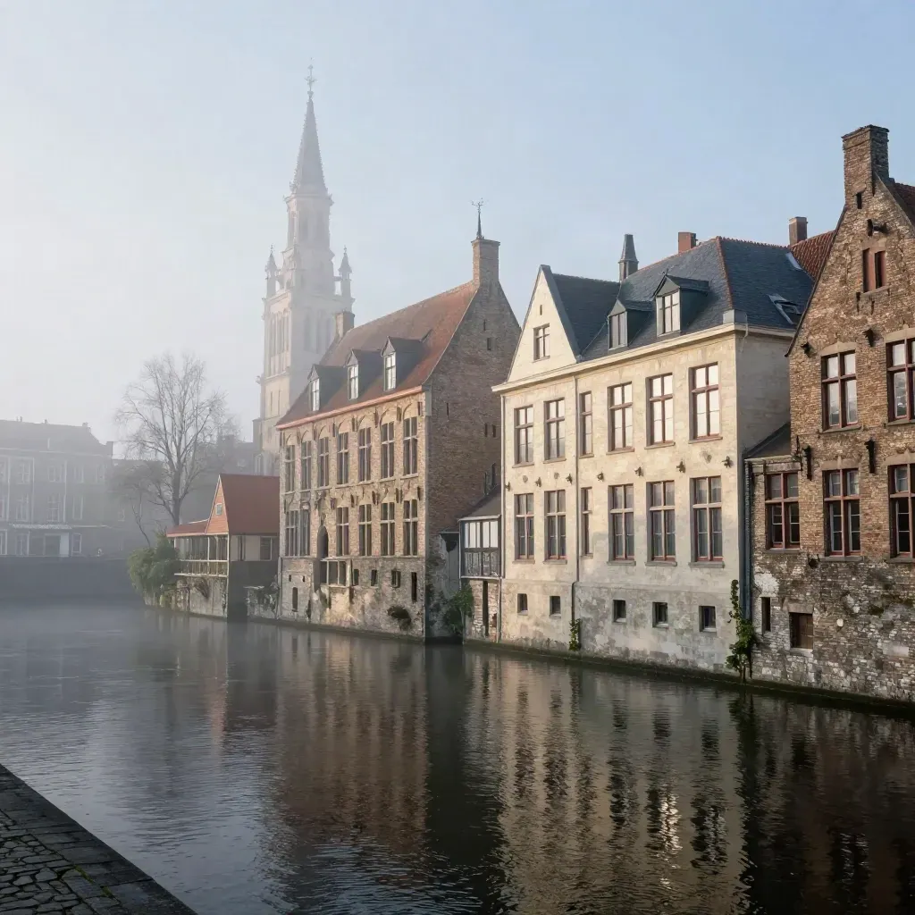 Domtoren en Utrechtse grachten in ochtendmist boven stil water