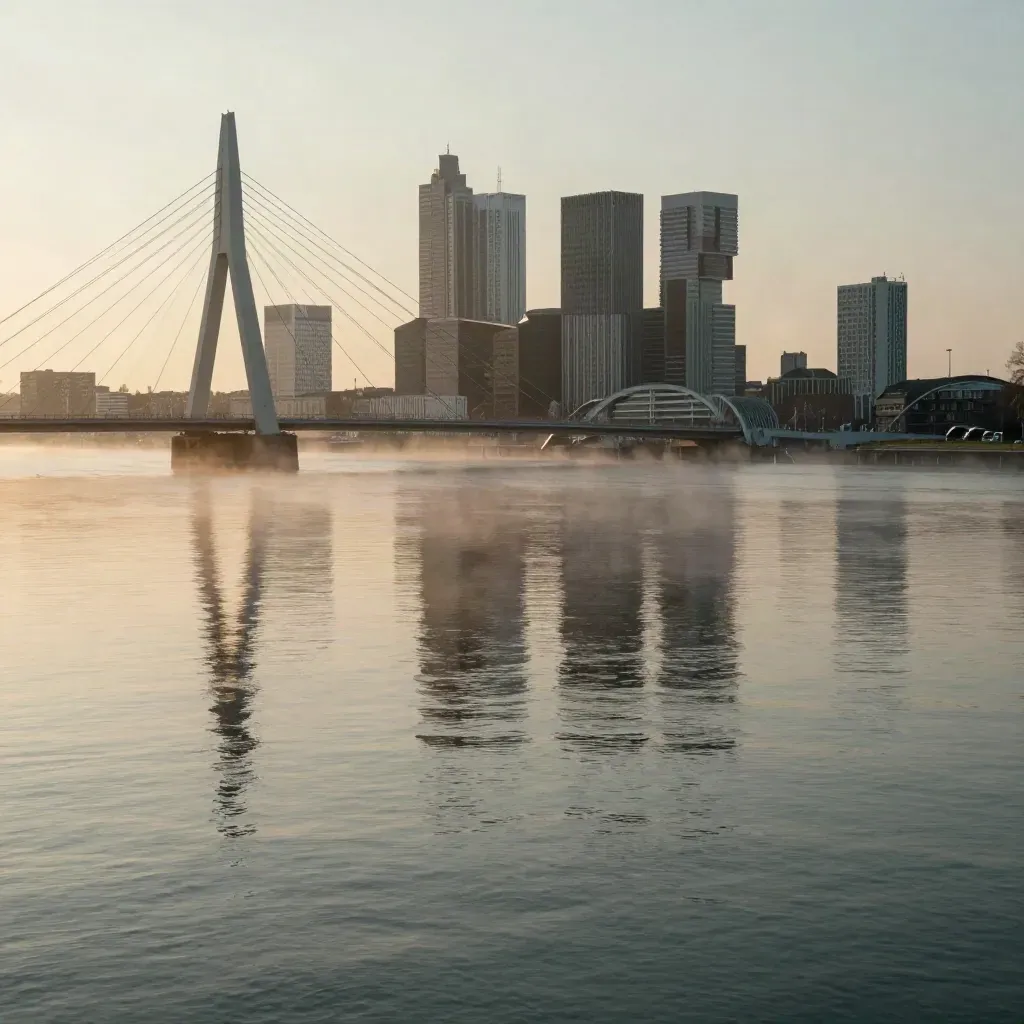 Rotterdamse skyline en bruggen boven de mistige Maas bij schemering.