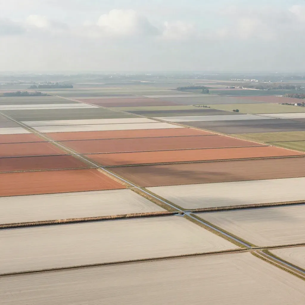 Luchtfoto van Nederlandse polders met sloten, dijken en weilanden in zachte mist.